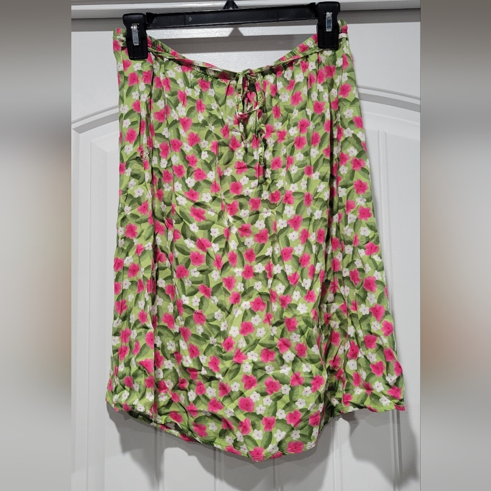 Vintage Sag Harbor Green and Pink Floral A-Line Skirt